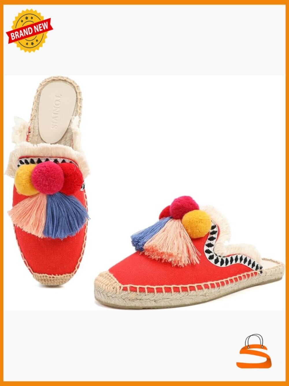 Mule Flat Shoes with Tassel & Pompom, Espadrilles Slides Backless Slipper